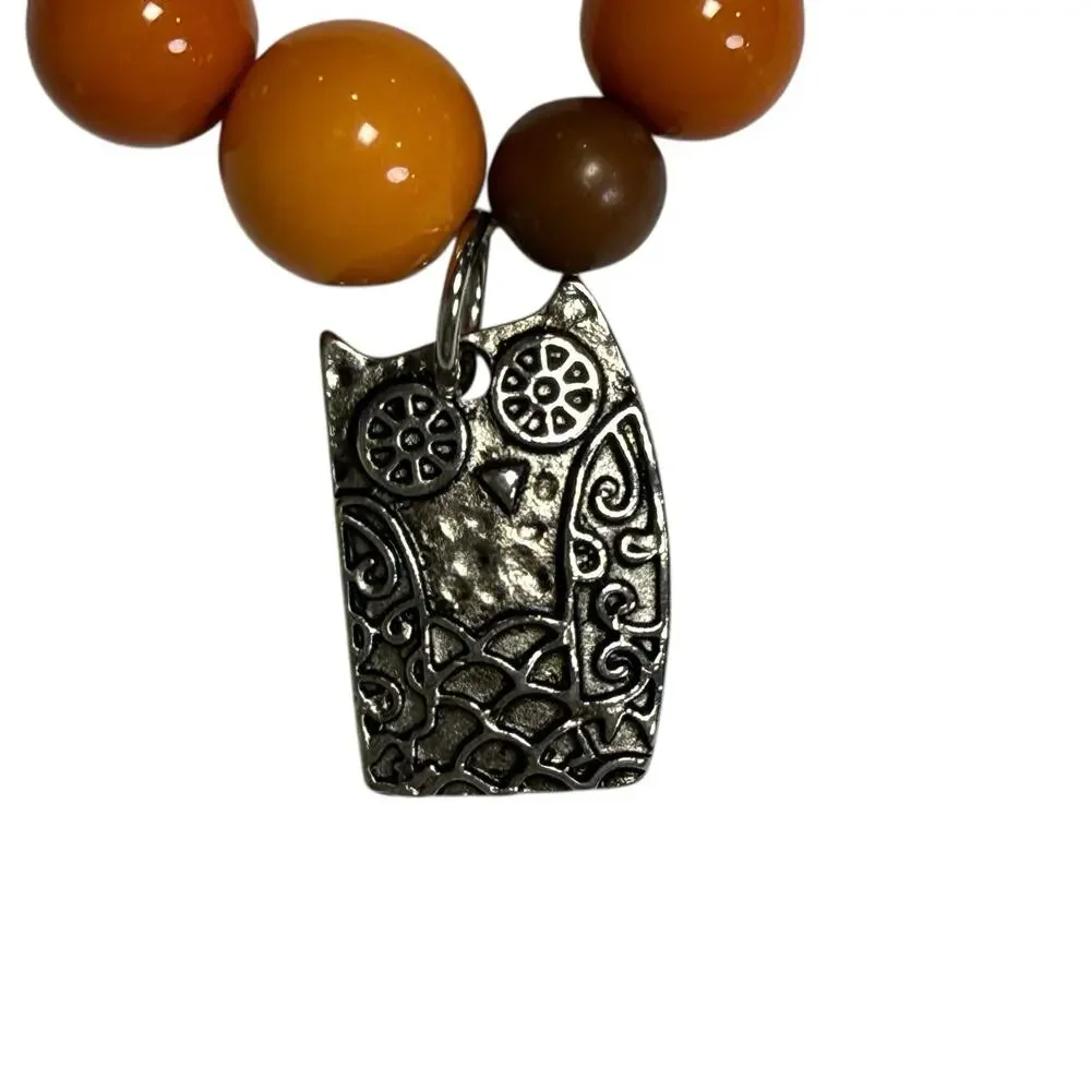 Owl Charm‎ Orange and Brown Beaded Stretch Bracelet Fall Neutral Owl You Forever